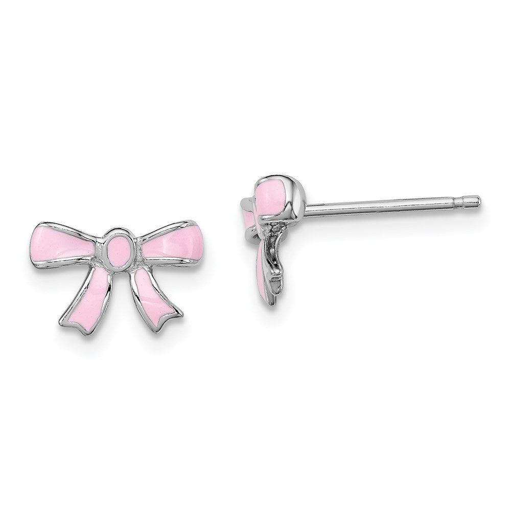 QGK119 Sterling Silver Madi K Rhodium-plated Pink Enamel Bow Children's Post Earrings