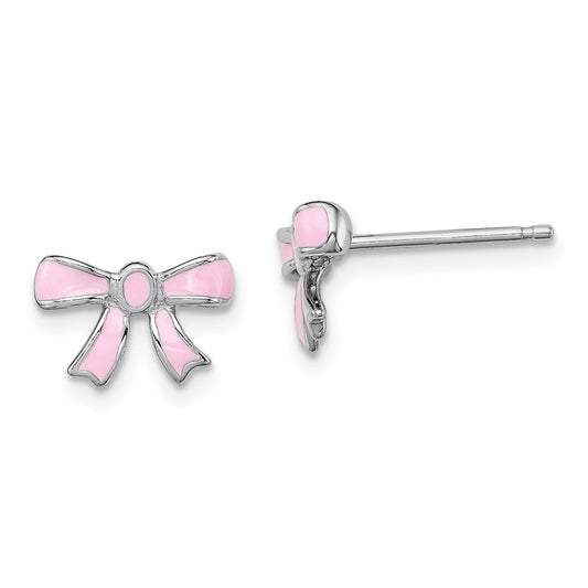QGK119 Sterling Silver Madi K Rhodium-plated Pink Enamel Bow Children's Post Earrings