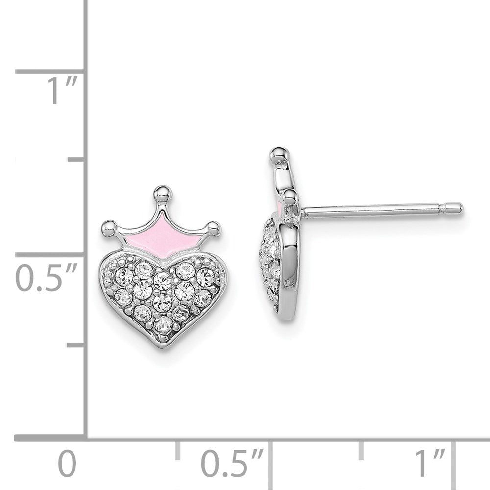 QGK133 Sterling Silver Madi K Rhodium-plated Polished Pink Enamel & Crystal Crown Heart Children's Post Earrings