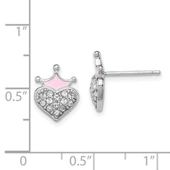QGK133 Sterling Silver Madi K Rhodium-plated Polished Pink Enamel & Crystal Crown Heart Children's Post Earrings
