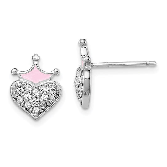 QGK133 Sterling Silver Madi K Rhodium-plated Polished Pink Enamel & Crystal Crown Heart Children's Post Earrings