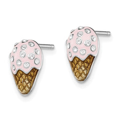 QGK142 Sterling Silver Madi K Rhodium-plated Polished Pink & Brown Enameled & Crystal Ice Cream Children's Post Earrings
