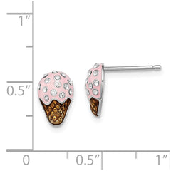 QGK142 Sterling Silver Madi K Rhodium-plated Polished Pink & Brown Enameled & Crystal Ice Cream Children's Post Earrings