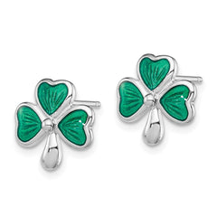 QGK144 Sterling Silver Madi K Rhodium-plated Polished Green Enameled Shamrock Children's Post Earrings