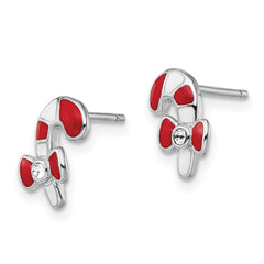 QGK146 Sterling Silver Madi K Rhodium-plated Polished Red & White Enameled & Crystal Candy Cane Children's Post Earrings