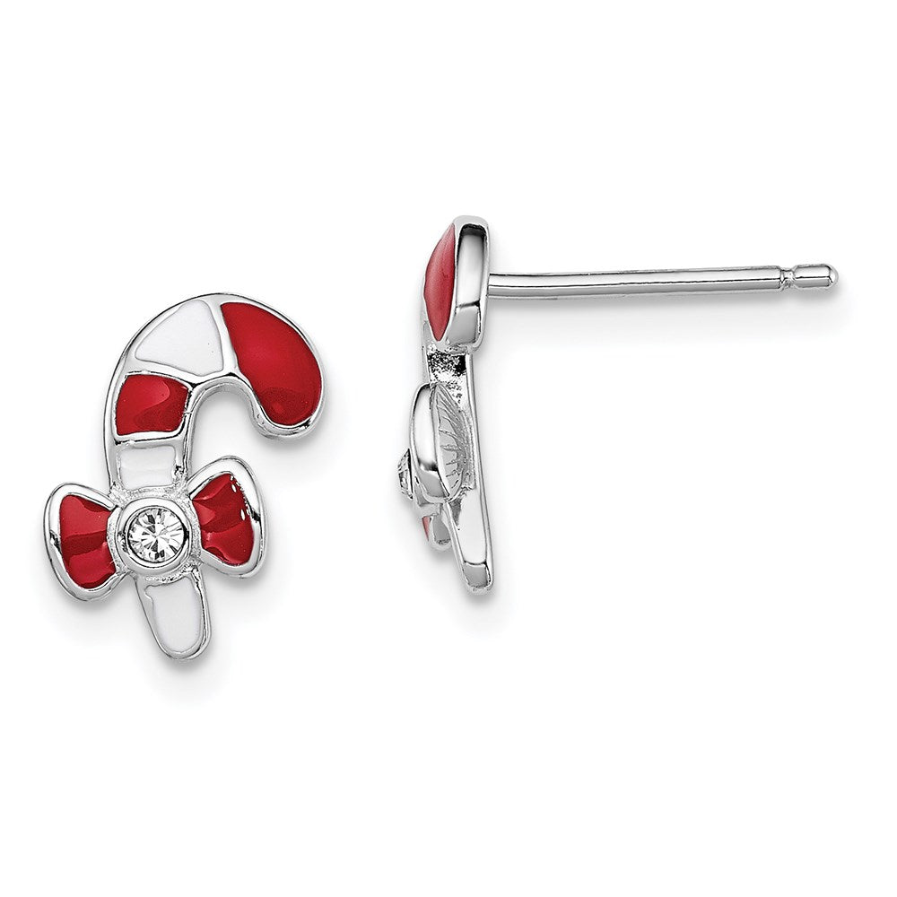 QGK146 Sterling Silver Madi K Rhodium-plated Polished Red & White Enameled & Crystal Candy Cane Children's Post Earrings