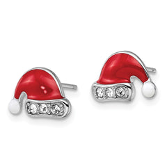 QGK147 Sterling Silver Madi K Rhodium-plated Polished Red & White Enameled & Crystal Santa Hat Children's Post Earrings
