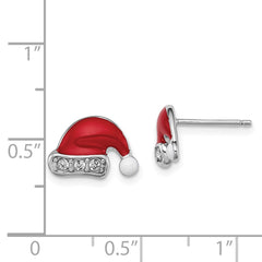 QGK147 Sterling Silver Madi K Rhodium-plated Polished Red & White Enameled & Crystal Santa Hat Children's Post Earrings