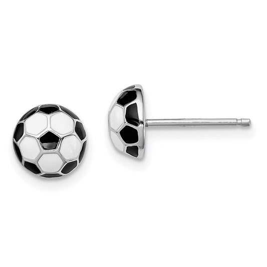 QGK149 Sterling Silver Madi K Rhodium-plated Polished Black & White Enameled Soccer Ball Children's Post Earrings