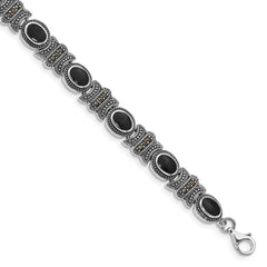 Sterling Silver Rhodium-plated Marcasite and Onyx 7.25 inch Bracelet QH1043-7.25