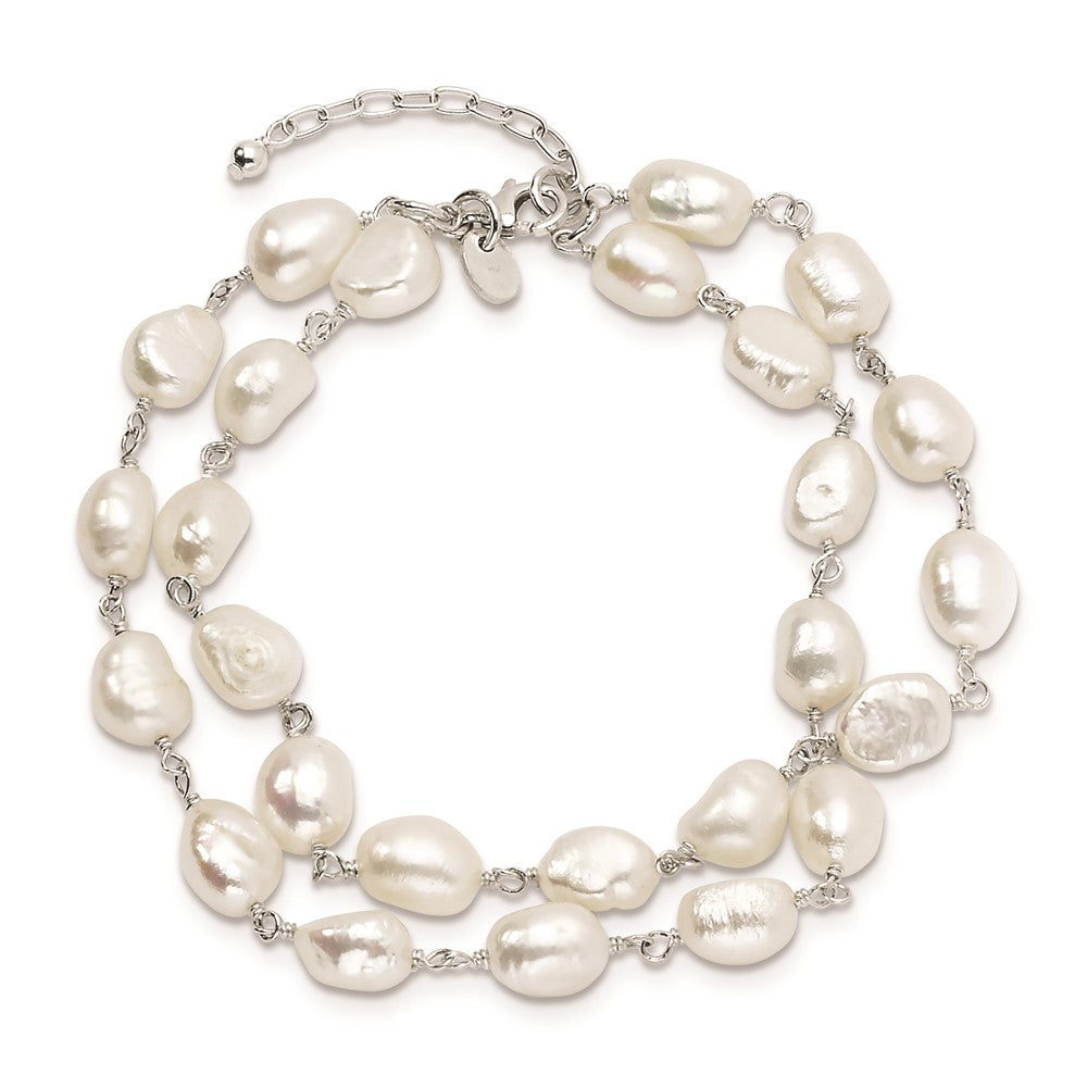 Sterling Silver 2-Strand White Baroque FW Cultured Pearl 8.5in Bracelet QH2459-8.5