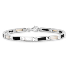 Sterling Silver Rhodium-plated 7in Onyx/Mother Of Pearl Bracelet QH383-7