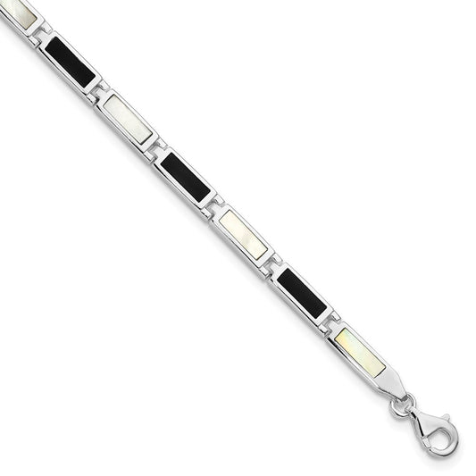 Sterling Silver Rhodium-plated 7in Onyx/Mother Of Pearl Bracelet QH383-7