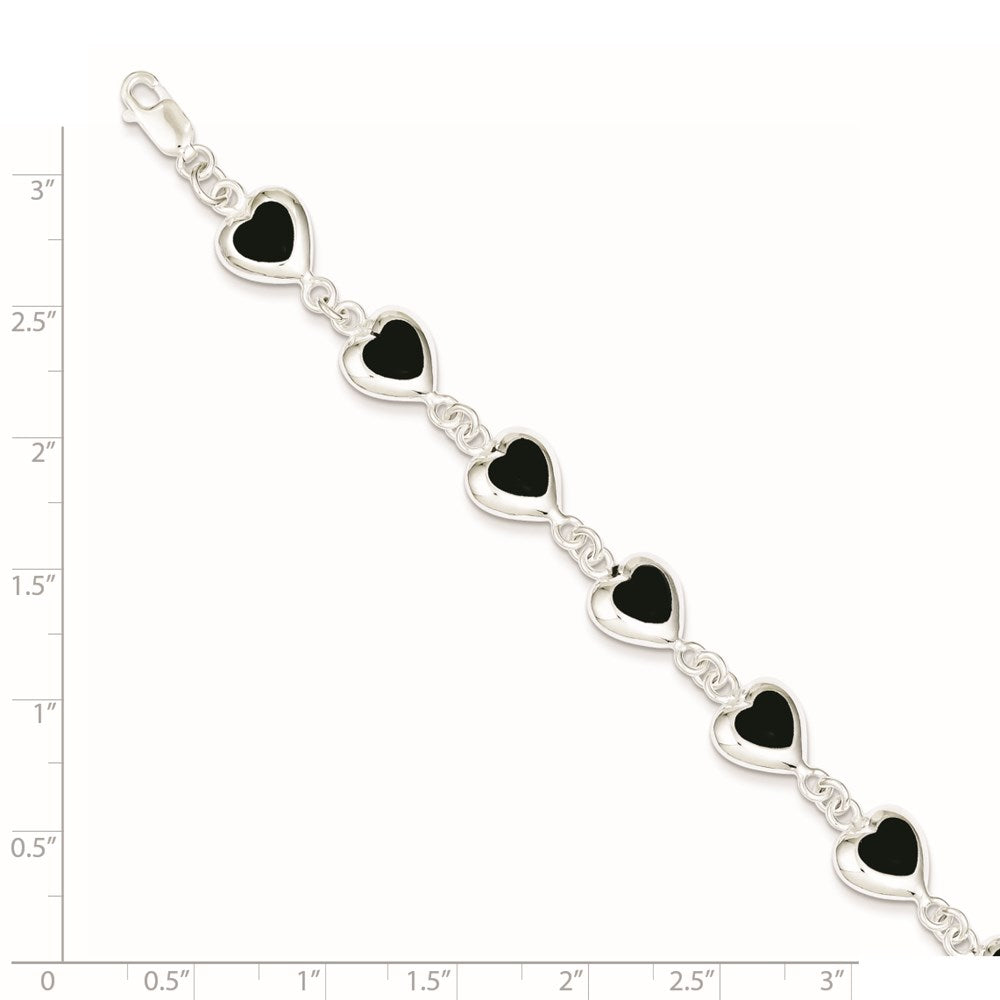 Sterling Silver Rhodium-plated 7inch Fancy Polished Heart Onyx Bracelet QH387-7
