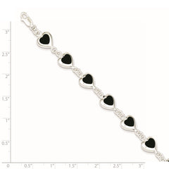Sterling Silver Rhodium-plated 7inch Fancy Polished Heart Onyx Bracelet QH387-7