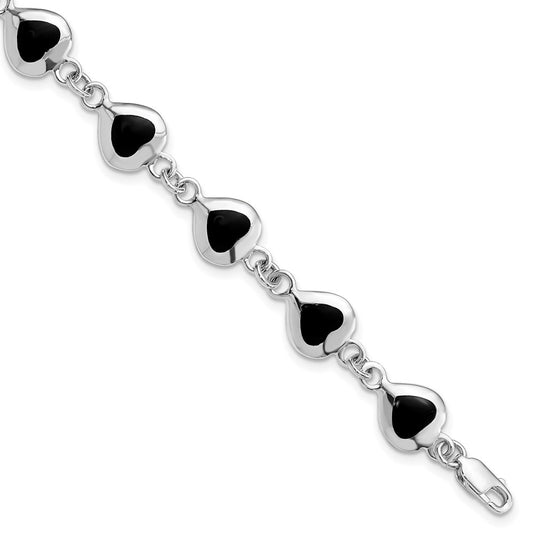 Sterling Silver Rhodium-plated 7inch Fancy Polished Heart Onyx Bracelet QH387-7