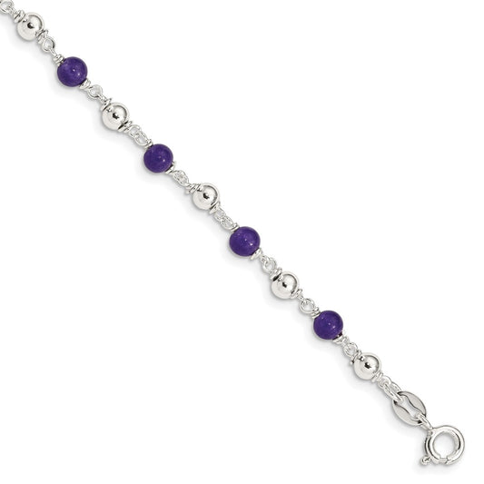Sterling Silver 7inch Polished Amethyst Beaded Bracelet QH419-7