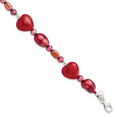 Sterling Silver Red Jade Hearts/FW Cultured Pearl Bracelet QH4558-7.5