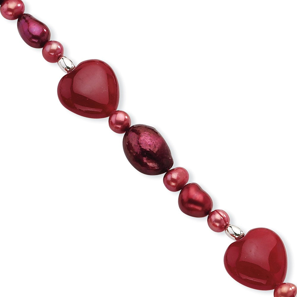 Sterling Silver Red Jade Hearts/FW Cultured Pearl Bracelet QH4558-7.5