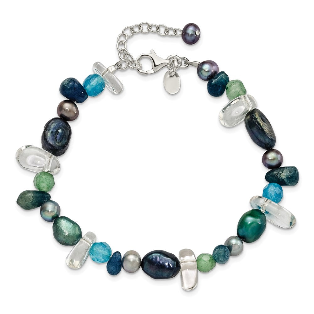 Sterling Silver Aventurine, Synthetic Blue Quartz/FWC Pearl Bracelet QH4639-7.75
