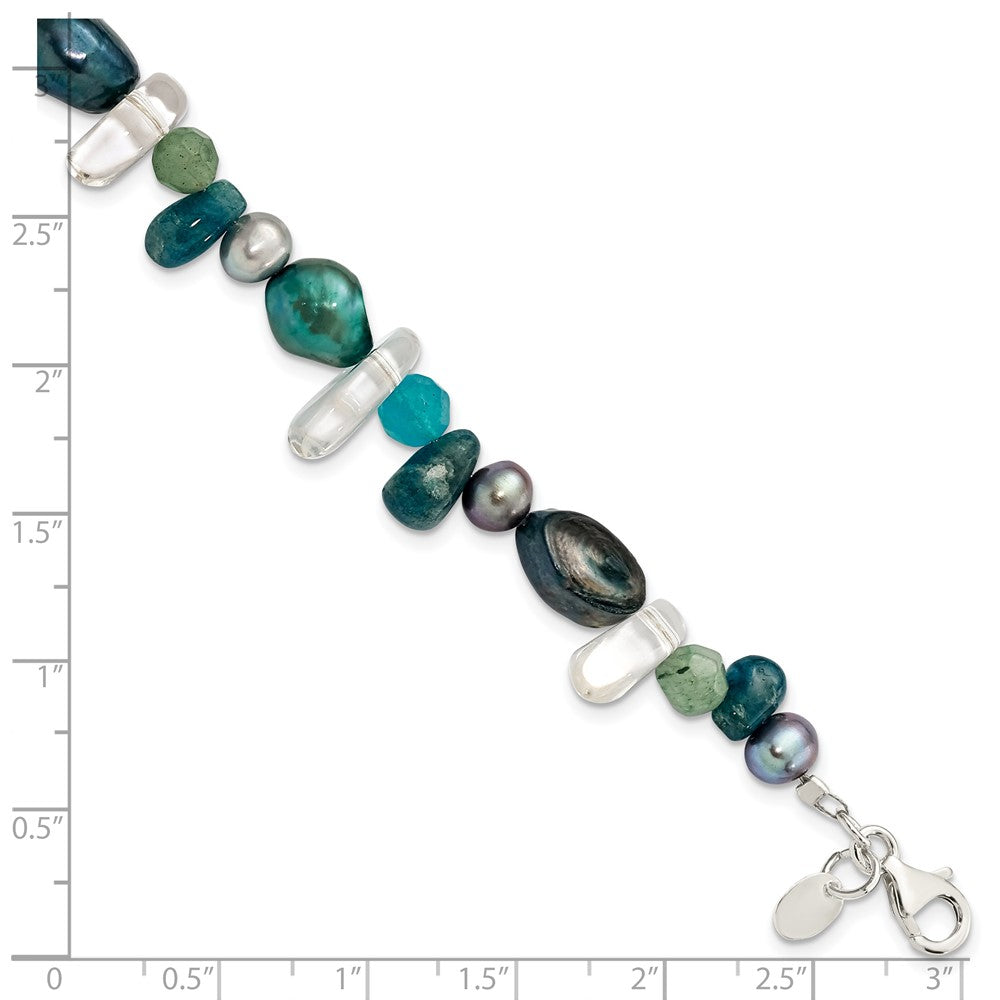 Sterling Silver Aventurine, Synthetic Blue Quartz/FWC Pearl Bracelet QH4639-7.75