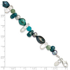 Sterling Silver Aventurine, Synthetic Blue Quartz/FWC Pearl Bracelet QH4639-7.75