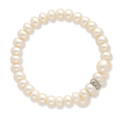 Sterling Silver Rhodium-plated 6-8mm White Button and Rice Freshwater Cultured Pearl Flexible 7.5 inch Bracelet QH4818-7.5