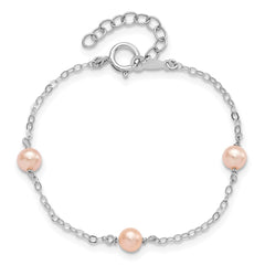 Sterling Silver Rhodium-plated 4-5mm Pink Semi-Round Freshwater Cultured Pearl 3-Station 5 inch with 1 inch Extension Children's Bracelet QH5029-5