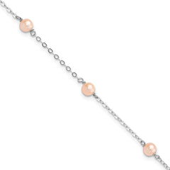 Sterling Silver Rhodium-plated 4-5mm Pink Semi-Round Freshwater Cultured Pearl 3-Station 5 inch with 1 inch Extension Children's Bracelet QH5029-5