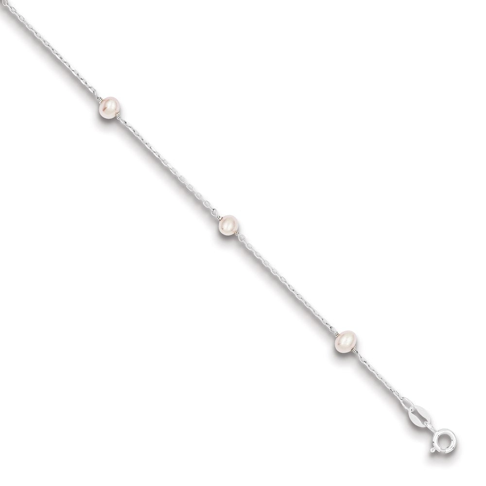 Sterling Silver Rhodium-plated 4-5mm Pink Semi-Round Freshwater Cultured Pearl 3-Station 5 inch with 1 inch Extension Children's Bracelet QH5029-5