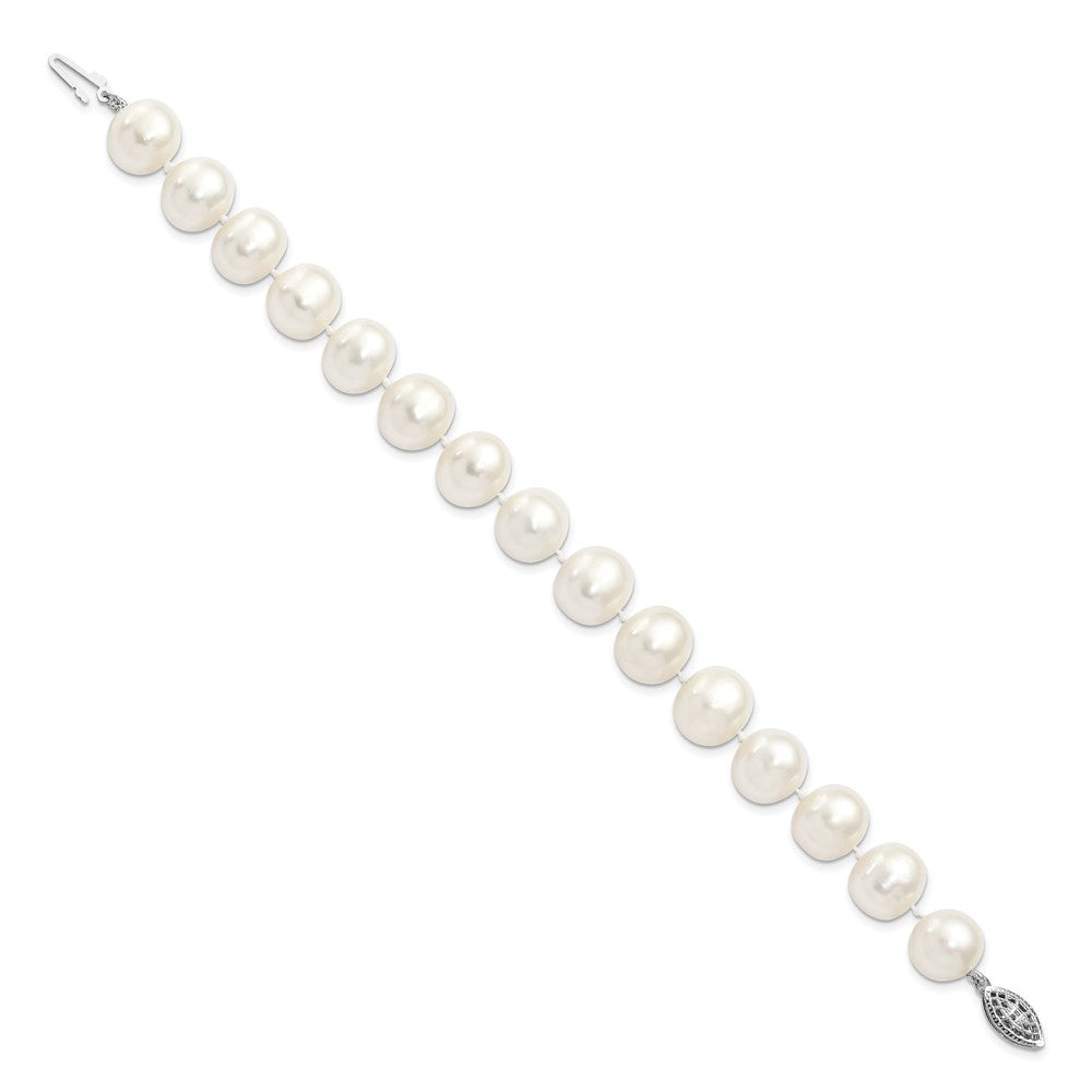 Sterling Silver Rhodium-plated 11-12mm White Near-Round Freshwater Cultured Pearl 7.25 inch Bracelet QH5151-7.25