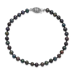Sterling Silver Rhodium-plated 4-5mm Black Near-Round Freshwater Cultured Pearl 7.25 inch Bracelet QH5152-7.25