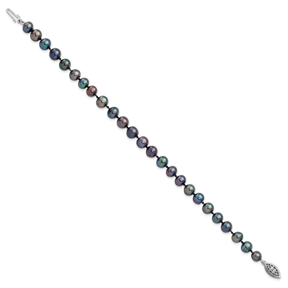 Sterling Silver Rhodium-plated 6-7mm Black Near-Round Freshwater Cultured Pearl 7.25 inch Bracelet QH5154-7.25
