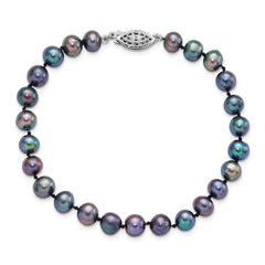 Sterling Silver Rhodium-plated 6-7mm Black Near-Round Freshwater Cultured Pearl 7.25 inch Bracelet QH5154-7.25