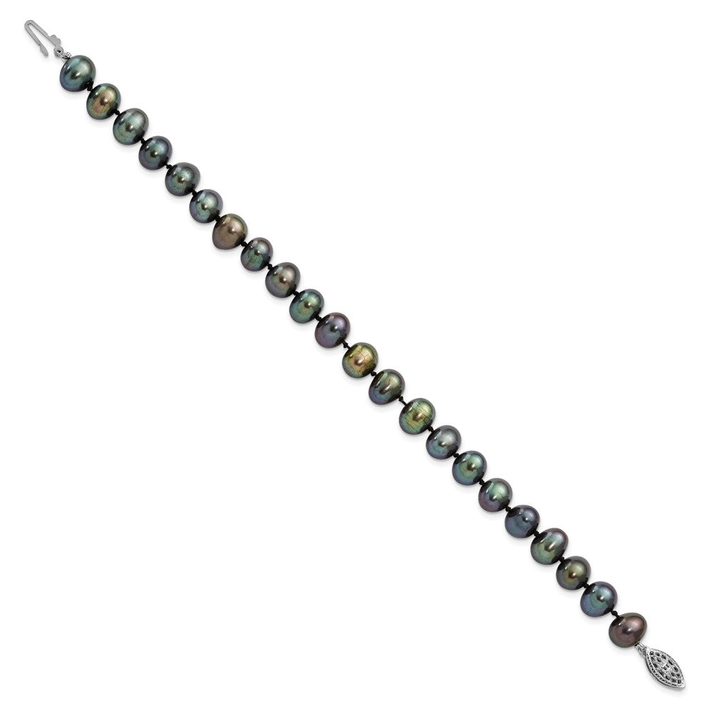 Sterling Silver Rhodium-plated 7-8mm Black Near-Round Freshwater Cultured Pearl 7.25 inch Bracelet QH5155-7.25