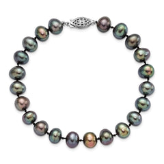 Sterling Silver Rhodium-plated 7-8mm Black Near-Round Freshwater Cultured Pearl 7.25 inch Bracelet QH5155-7.25