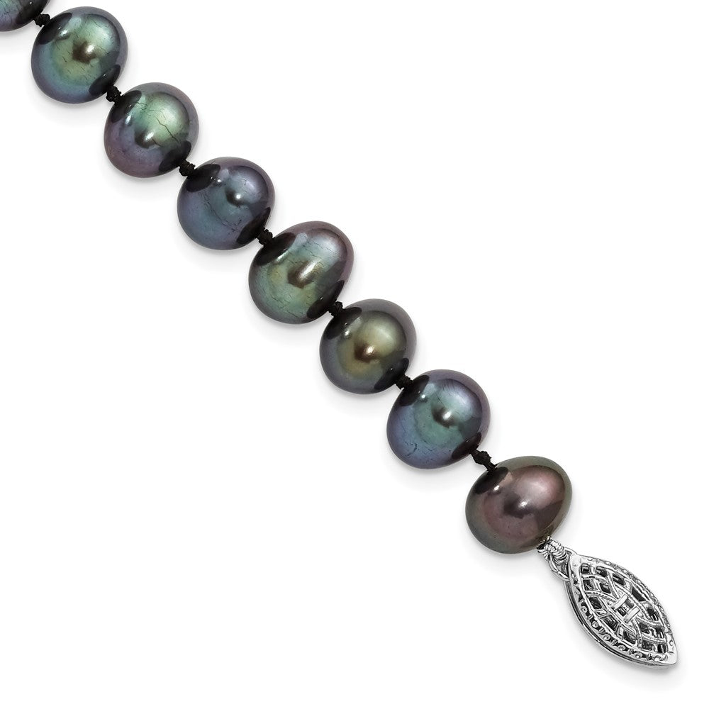 Sterling Silver Rhodium-plated 7-8mm Black Near-Round Freshwater Cultured Pearl 7.25 inch Bracelet QH5155-7.25
