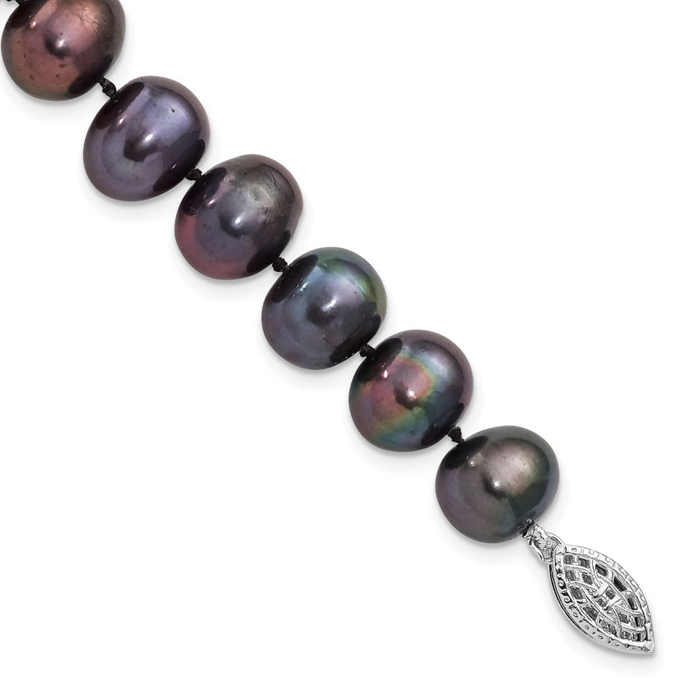 Sterling Silver Rhodium-plated 9-10mm Black Near-Round Freshwater Cultured Pearl 7.25 inch Bracelet QH5157-7.25