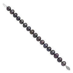 Sterling Silver Rhodium-plated 10-11mm Black Near-Round Freshwater Cultured Pearl 7.25 inch Bracelet QH5158-7.25