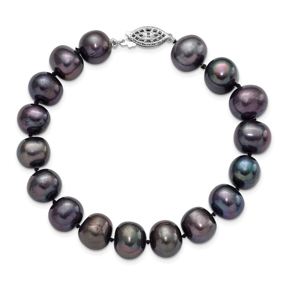 Sterling Silver Rhodium-plated 10-11mm Black Near-Round Freshwater Cultured Pearl 7.25 inch Bracelet QH5158-7.25