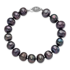Sterling Silver Rhodium-plated 10-11mm Black Near-Round Freshwater Cultured Pearl 7.25 inch Bracelet QH5158-7.25