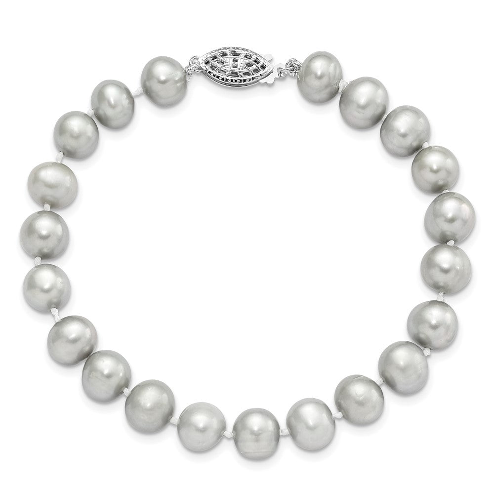 Sterling Silver Rhodium-plated 7-8mm Grey Near-Round Freshwater Cultured Pearl 7.25 inch Bracelet QH5162-7.25