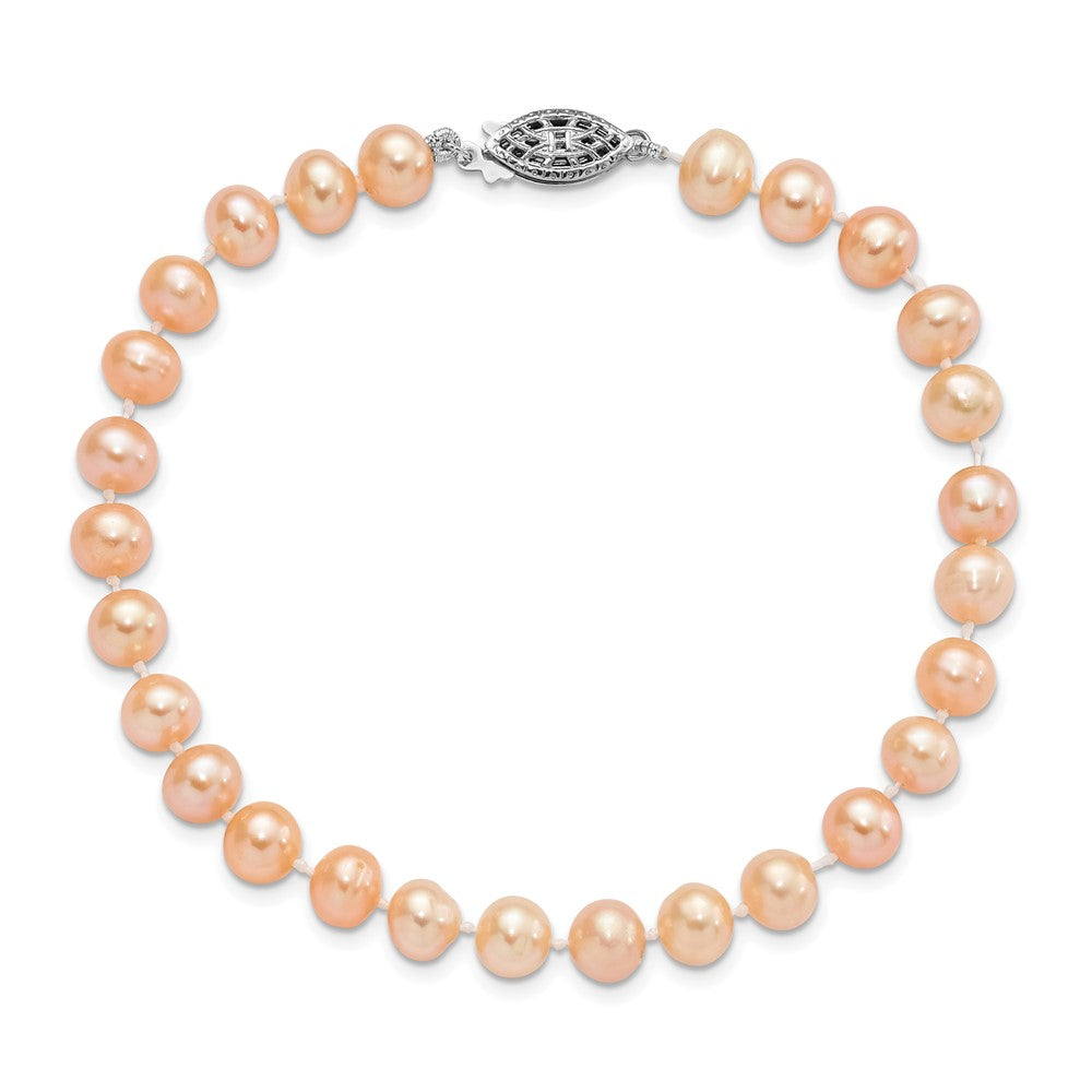 Sterling Silver Rhodium-plated 6-7mm Pink Near-Round Freshwater Cultured Pearl 7.25 inch Bracelet QH5166-7.25