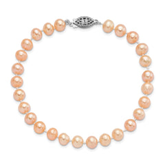 Sterling Silver Rhodium-plated 6-7mm Pink Near-Round Freshwater Cultured Pearl 7.25 inch Bracelet QH5166-7.25