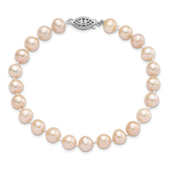 Sterling Silver Rhodium-plated 7-8mm Pink Near-Round Freshwater Cultured Pearl 7.25 inch Bracelet QH5167-7.25