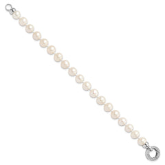 Sterling Silver Rhodium-plated 9-10mm White Near-Round Freshwater Cultured Pearl and CZ Fancy 7.5 inch Bracelet QH5214-7.5