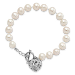 Sterling Silver Rhodium-plated 8-9mm White Near-Round Freshwater Cultured Pearl Heart Toggle 7.5 inch Bracelet QH5218-7.5