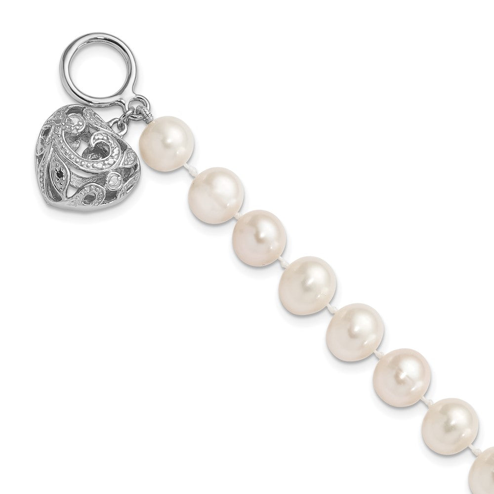 Sterling Silver Rhodium-plated 8-9mm White Near-Round Freshwater Cultured Pearl Heart Toggle 7.5 inch Bracelet QH5218-7.5