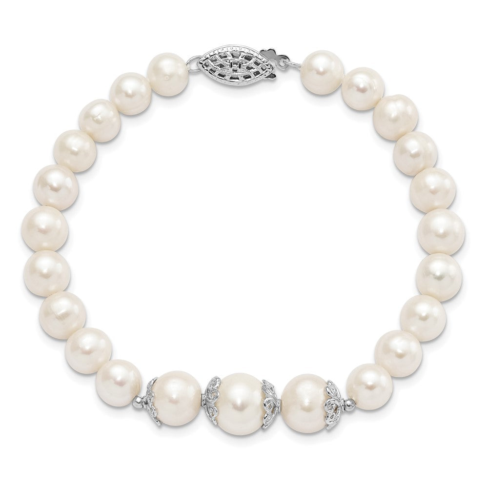 Sterling Silver Rhodium-plated 7-10mm White Near-Round Freshwater Cultured Pearl Fancy 7 inch Bracelet QH5219-7