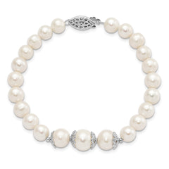Sterling Silver Rhodium-plated 7-10mm White Near-Round Freshwater Cultured Pearl Fancy 7 inch Bracelet QH5219-7
